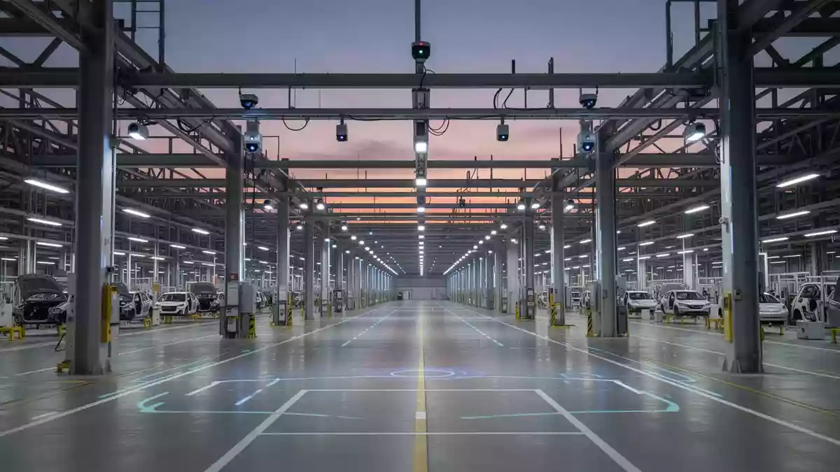 Moderne Produktionshalle einer Automobilfabrik mit installierten Sensoren an den Decken und Säulen. Illustration mit AI erstellt.