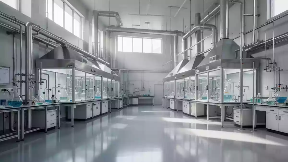 Ein modernes, steriles Chemielabor mit Edelstahlrohrleitungen und poliertem Boden in einer Industrieanlage. Illustration mit AI erstellt.