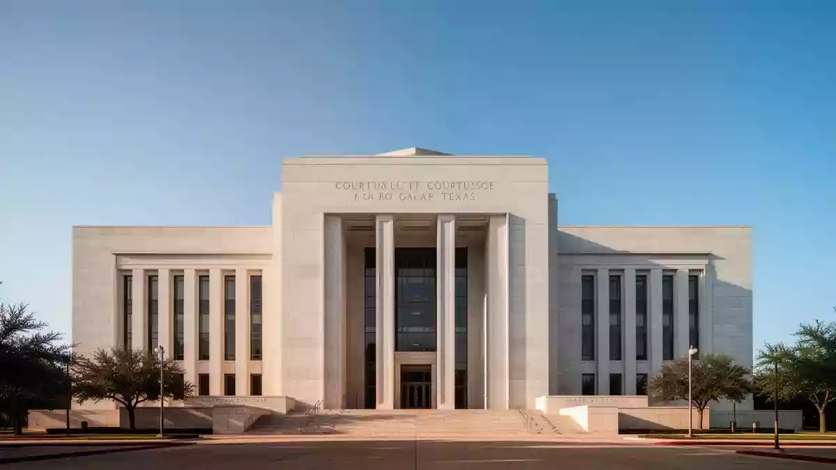 Ein modernes Gerichtsgebäude in Texas unter einem klaren blauen Himmel. Illustration mit AI erstellt.