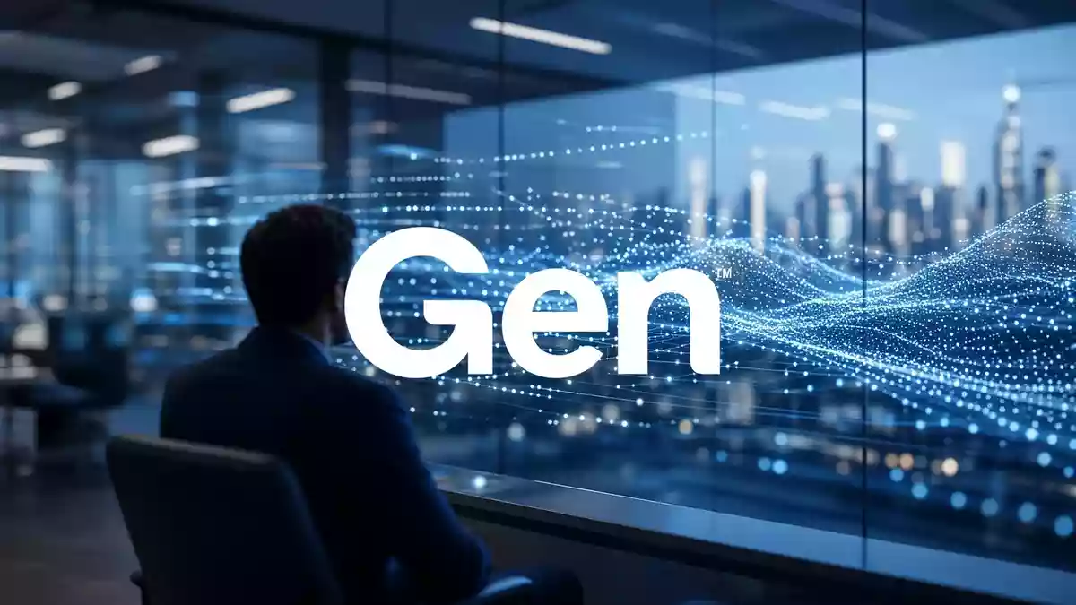 Abstrakte Darstellung von digitaler Cybersicherheit und vernetzten Datenströmen in einem professionellen Finanzkontext. Illustration mit AI erstellt.
