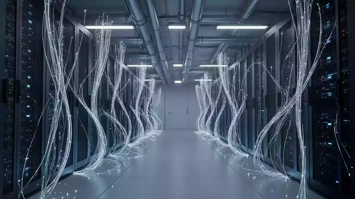 Moderne, abstrakt beleuchtete Server-Infrastruktur in einem technologischen Umfeld. Illustration mit AI erstellt.
