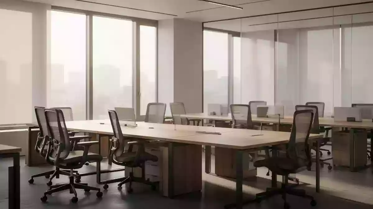 Ein modernes, leeres Büro mit aufgeräumten Schreibtischen in hellem, natürlichem Tageslicht. Illustration mit AI erstellt.