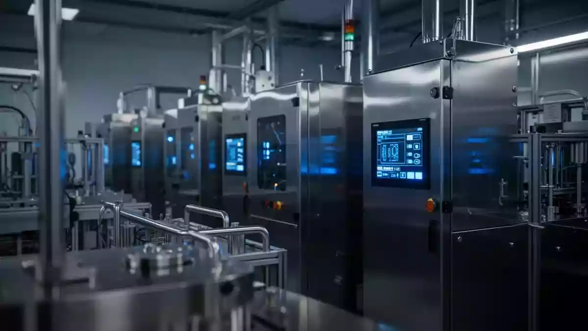 Ein steriler Hochtechnologie-Reinraum mit glänzenden Maschinen und blauen Lichtakzenten in einer modernen Fertigungshalle. Illustration mit AI erstellt.