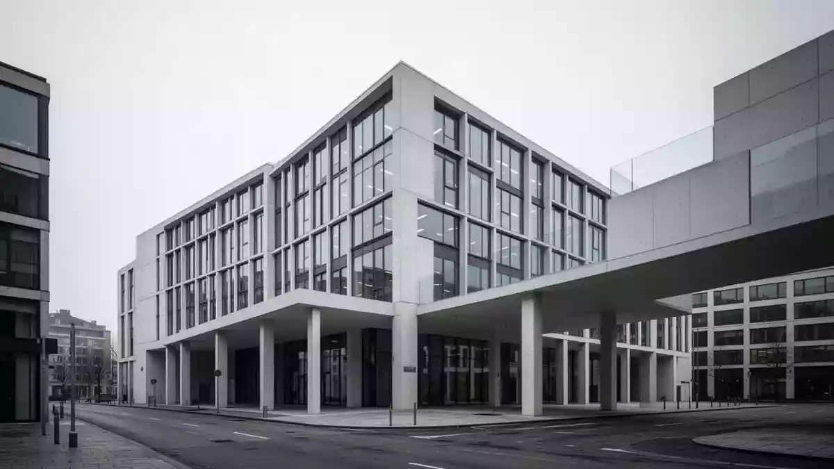 Modernes Bürogebäude in minimalistischer Architektur bei bewölktem Himmel als Symbol für berufliche Stabilität. Illustration mit AI erstellt.