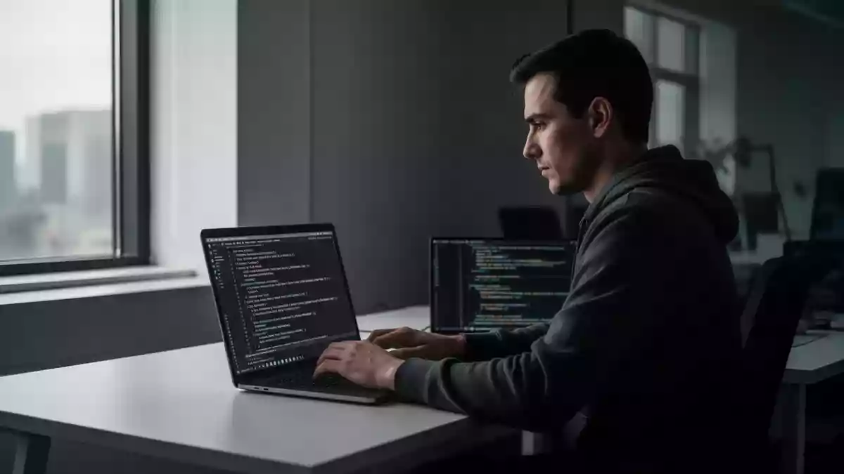 Ein Cybersicherheitsforscher arbeitet konzentriert an einem Laptop in einem modern beleuchteten Büro. Illustration mit AI erstellt.