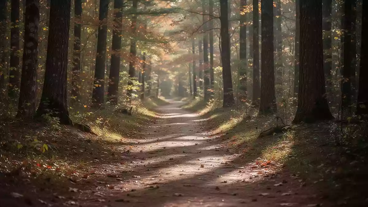 Ein friedlicher Waldweg im Herbst, der zu Spaziergängen einlädt. Illustration mit AI erstellt.