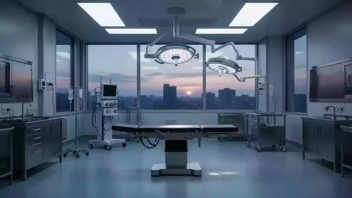 Ein moderner, steriler Operationssaal mit kühlem Licht und Edelstahlflächen in einer Klinik. Illustration mit AI erstellt.