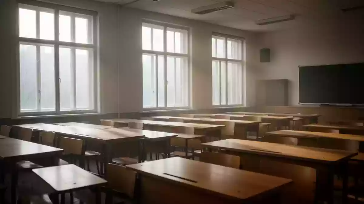 Ein leerer, sonnendurchfluteter Hörsaal in einer Universität mit minimalistischer Architektur und ruhiger Atmosphäre. Illustration mit AI erstellt.