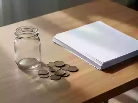 Ein minimalistischer Holztisch mit einem leeren Glas und einigen Münzen in natürlichem Licht. - Foto: über boerse-global.de