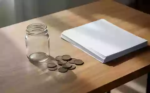 Ein minimalistischer Holztisch mit einem leeren Glas und einigen Münzen in natürlichem Licht. - Foto: über boerse-global.de