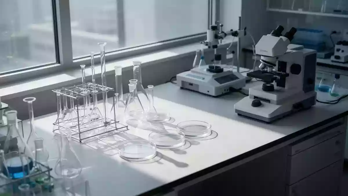 Ein moderner, leerer Labortisch mit wissenschaftlichen Glasgeräten und Analyseinstrumenten in einem hellen, minimalistischen Raum. Illustration mit AI erstellt.