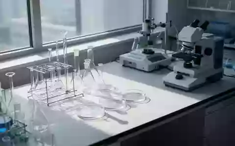 Ein moderner, leerer Labortisch mit wissenschaftlichen Glasgeräten und Analyseinstrumenten in einem hellen, minimalistischen Raum. - Foto: über boerse-global.de