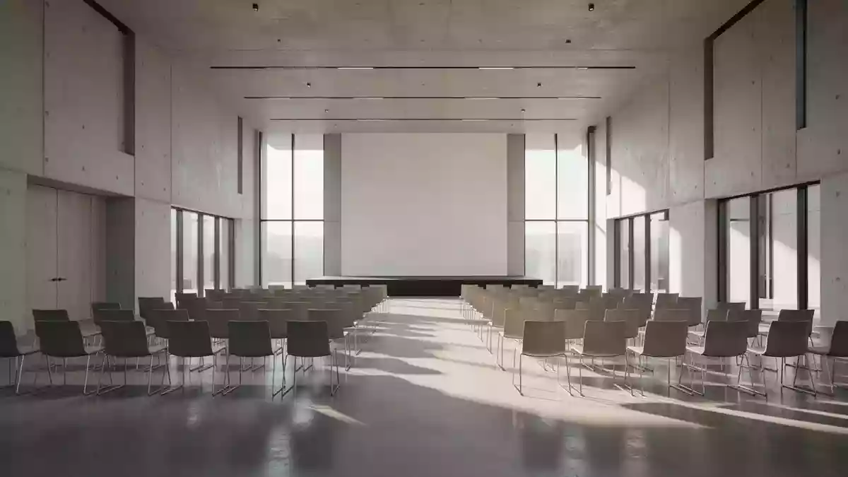 Ein heller, moderner Konferenzsaal mit leerer Bestuhlung und großen Fensterfronten in einem architektonisch minimalistischen Stil. Illustration mit AI erstellt.