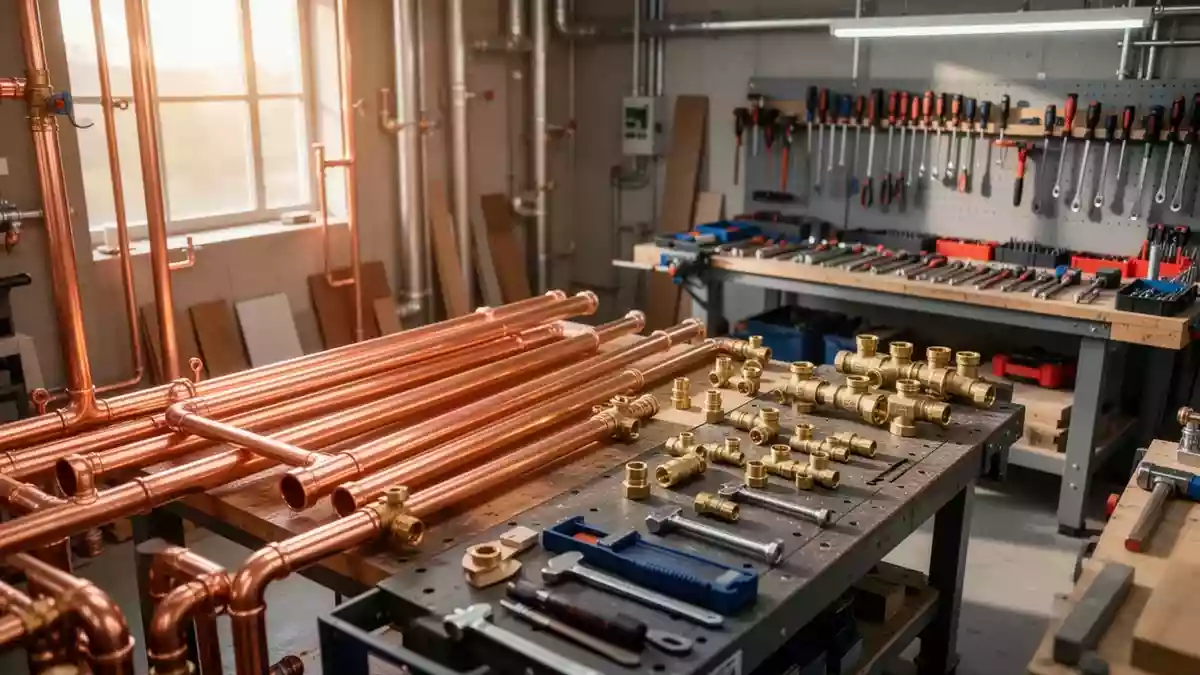 Ein aufgeräumter, professioneller Handwerksbetrieb für Sanitär- und Heizungstechnik mit Kupferrohren und Werkzeugen. Illustration mit AI erstellt.