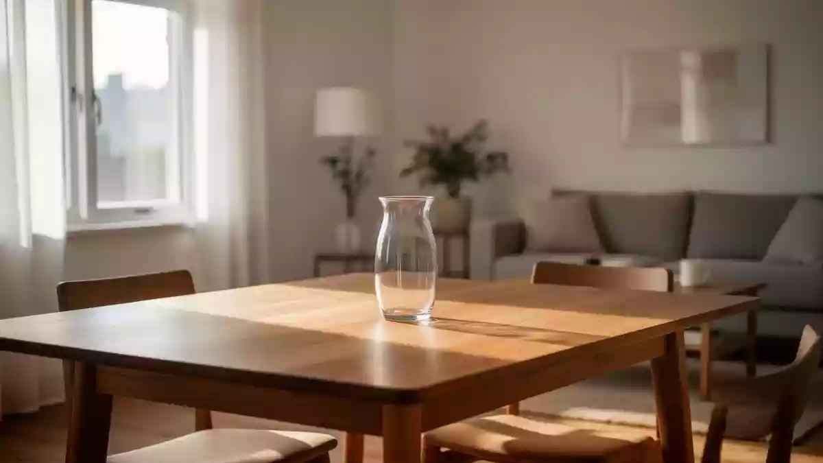 Ein helles, ruhiges Wohnzimmer mit einem Holztisch bei Tageslicht. Illustration mit AI erstellt.