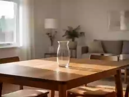 Ein helles, ruhiges Wohnzimmer mit einem Holztisch bei Tageslicht. - Foto: über boerse-global.de