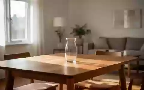 Ein helles, ruhiges Wohnzimmer mit einem Holztisch bei Tageslicht. - Foto: über boerse-global.de