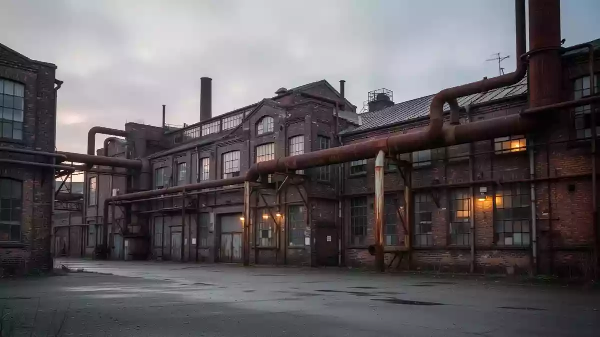 Ein stilles, leeres Industriegelände mit Backsteingebäuden und Rohren in der Dämmerung. Illustration mit AI erstellt.