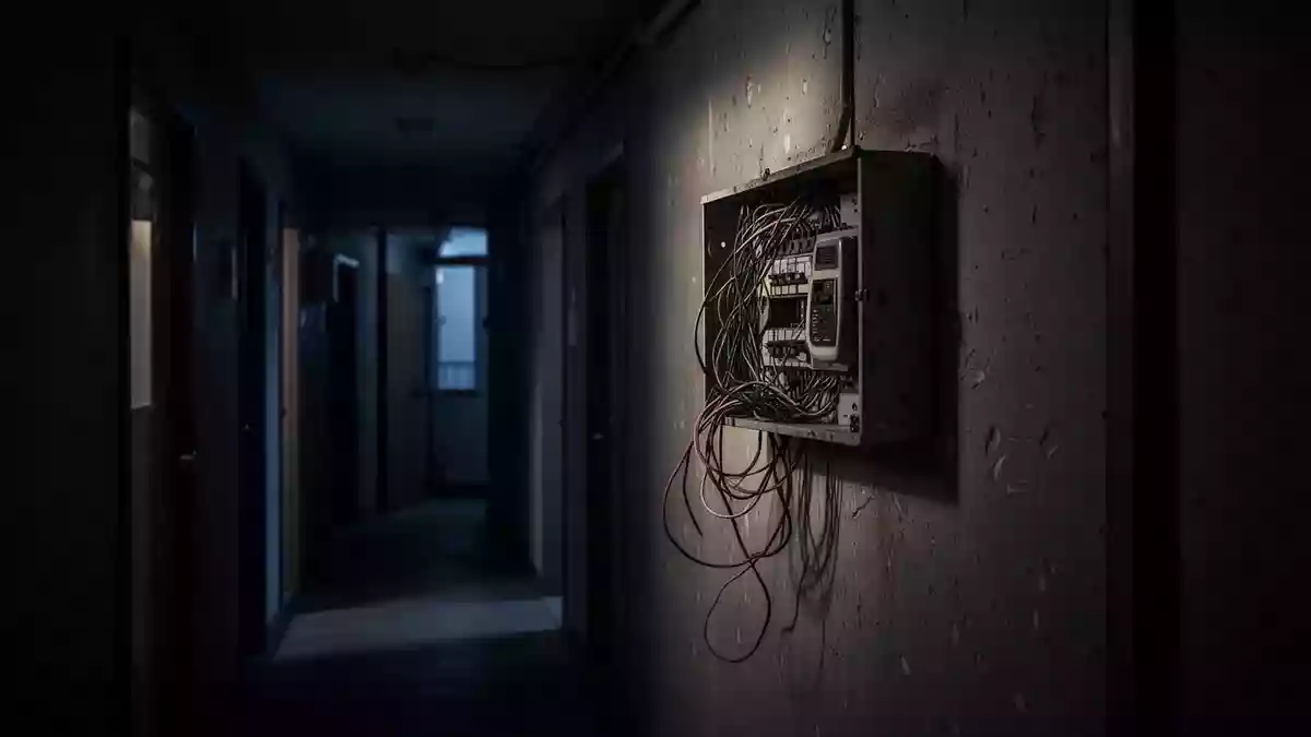 Ein dunkler Flur mit einem unbeleuchteten Telefonanschlusskasten an der Wand. Illustration mit AI erstellt.