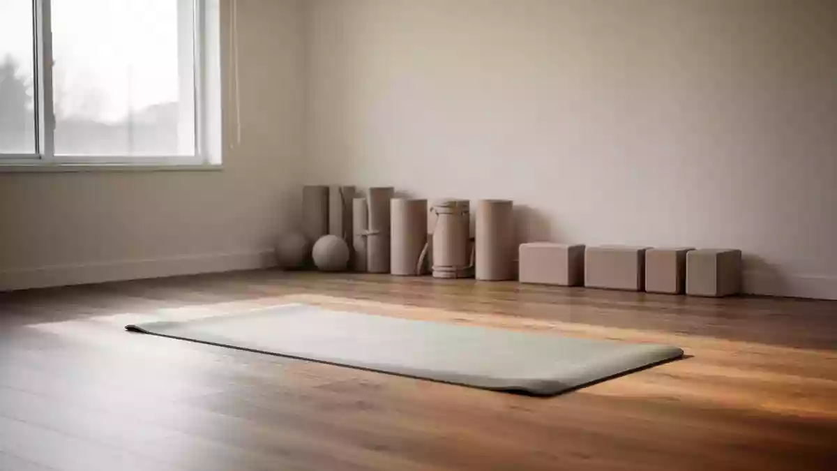 Ein minimalistisch eingerichteter Therapieraum mit einer leeren Gymnastikmatte und ordentlich aufgereihten Faszienrollen. Illustration mit AI erstellt.