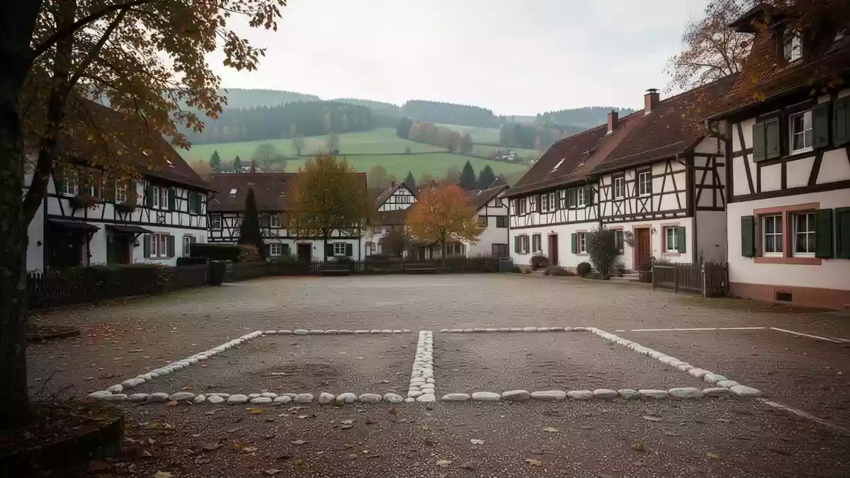 Ein leerer, ländlicher Parkplatz auf einem Dorfplatz in Baden-Württemberg mit zwei markierten Stellplätzen. Illustration mit AI erstellt.