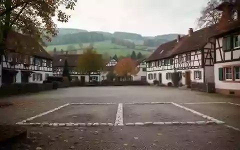 Ein leerer, ländlicher Parkplatz auf einem Dorfplatz in Baden-Württemberg mit zwei markierten Stellplätzen. - Foto: über boerse-global.de
