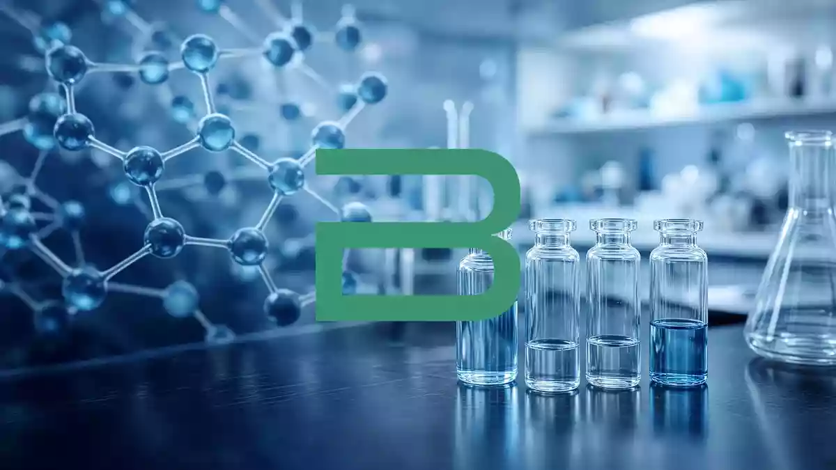 Moderne medizinische Laborumgebung mit molekularen Visualisierungen zur Darstellung pharmazeutischer Forschung. Illustration mit AI erstellt.