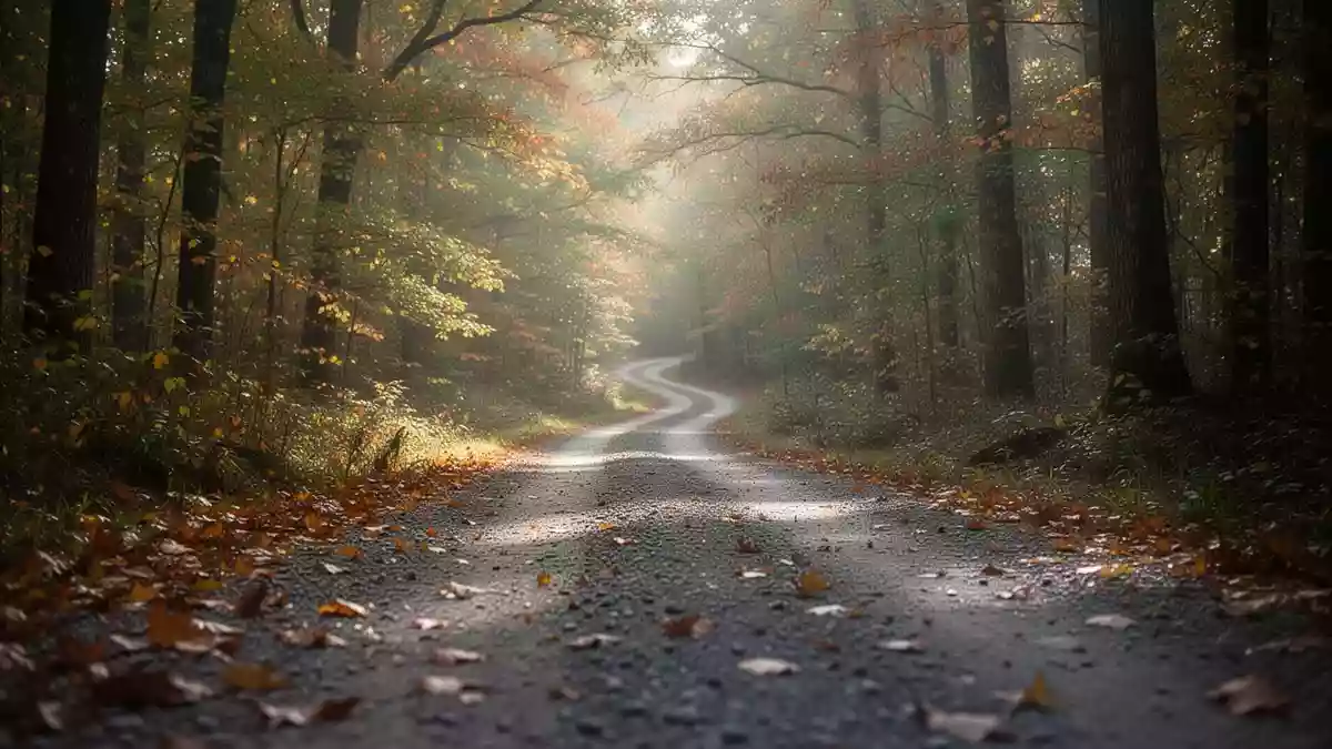 Ein gewundener Kiesweg, der in einem herbstlichen Wald verschwindet, symbolisiert Bewegung und neurologische Gesundheit. Illustration mit AI erstellt.