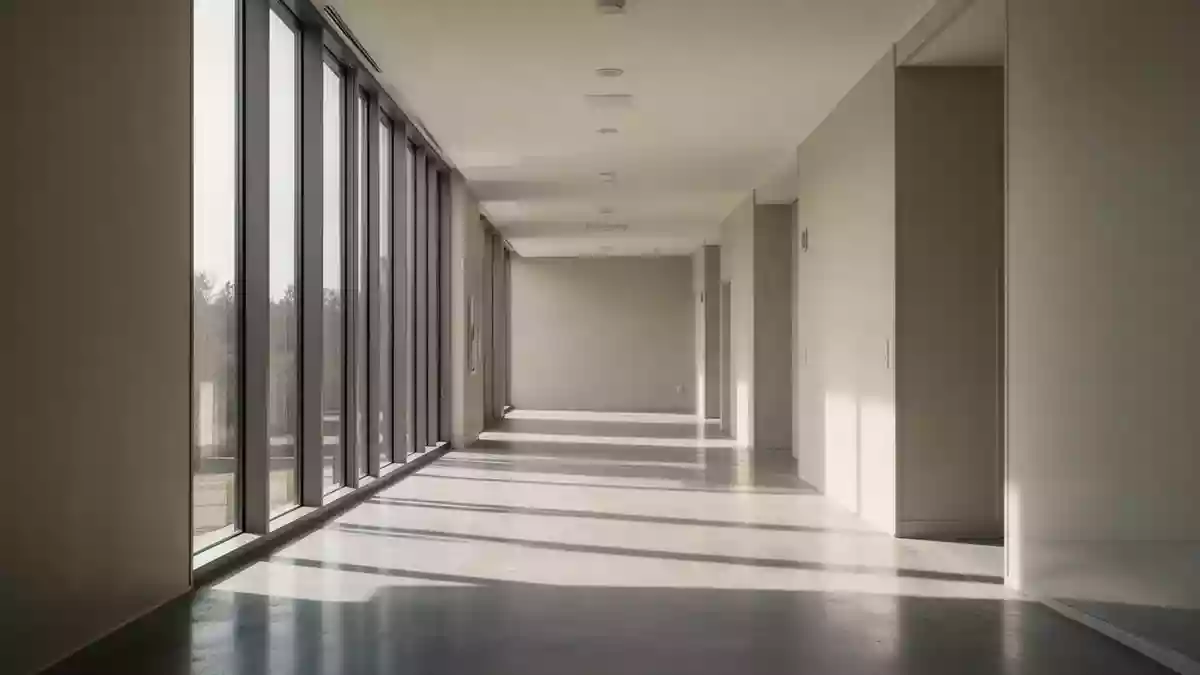 Ein minimalistischer, lichtdurchfluteter Klinikflur mit klaren architektonischen Linien und sanftem Tageslicht. Illustration mit AI erstellt.