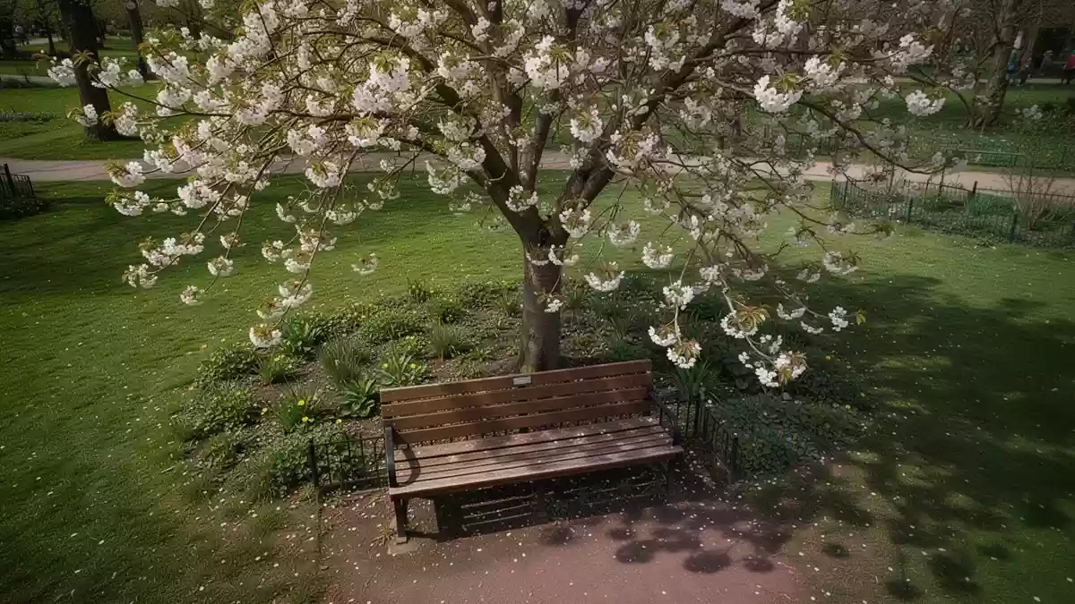 Symbolbild: Parkbank unter einem blühenden Baum Illustration mit AI erstellt.