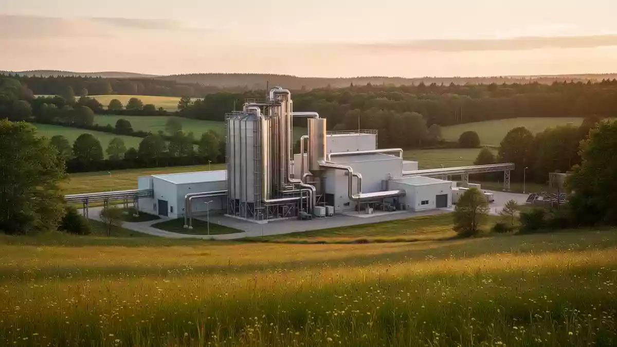 Eine moderne Biomasse-Anlage in einer grünen Landschaft, die die Integration von Energieerzeugung und Natur zeigt. Illustration mit AI erstellt.
