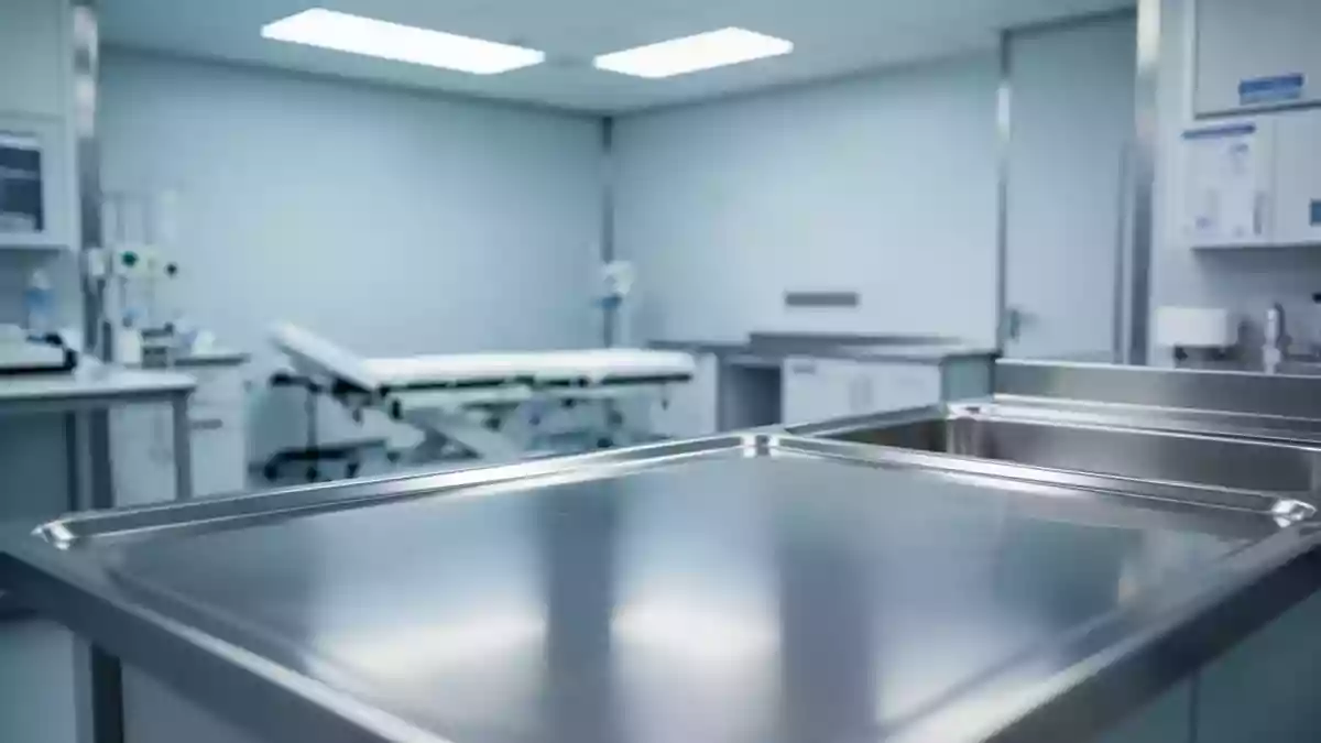 Ein steriler, moderner medizinischer Untersuchungsraum mit neutralen Oberflächen und sanftem, klinischem Licht. Illustration mit AI erstellt.