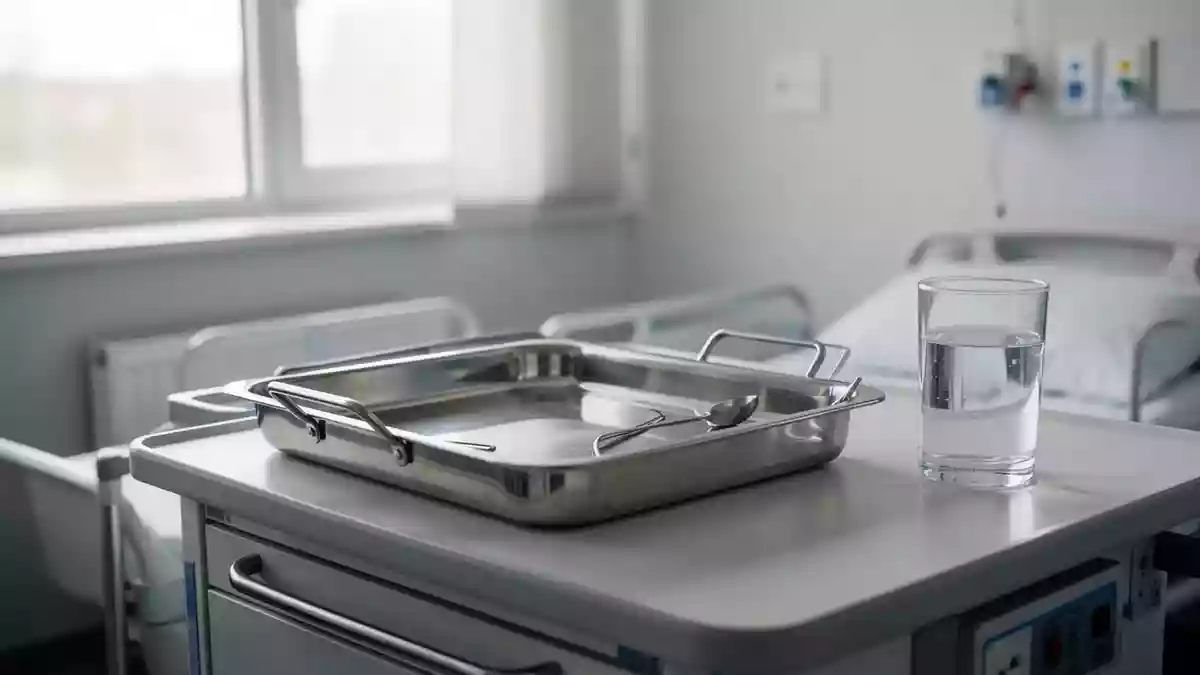 Ein steriles, minimalistisches Krankenzimmer mit einem medizinischen Edelstahltablett und einem Glas Wasser bei natürlichem Licht. Illustration mit AI erstellt.