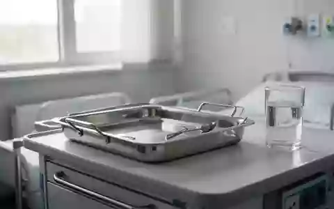 Ein steriles, minimalistisches Krankenzimmer mit einem medizinischen Edelstahltablett und einem Glas Wasser bei natürlichem Licht. - Foto: über boerse-global.de