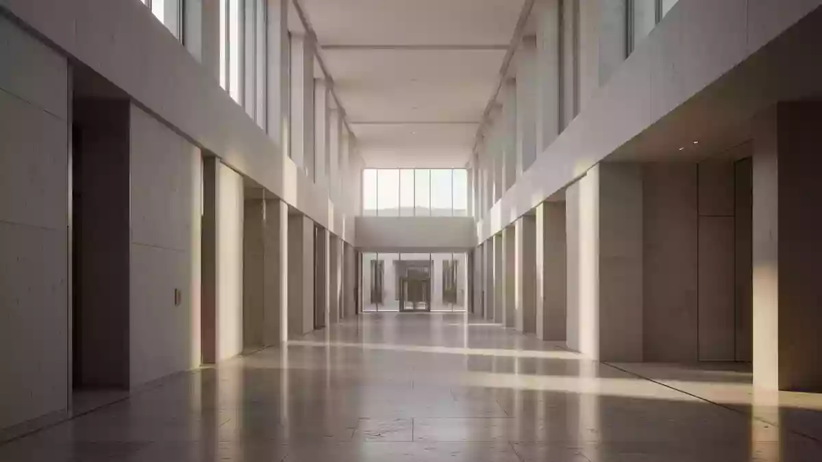 Ein minimalistischer, heller Flur in einem modernen Regierungsgebäude mit architektonischen Linien und natürlichem Lichteinfall. Illustration mit AI erstellt.