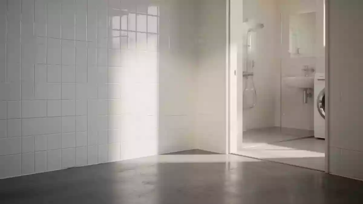 Ein minimalistisch gestalteter, sauberer Hauswirtschaftsraum mit hellen Fliesen und natürlichem Lichteinfall. Illustration mit AI erstellt.