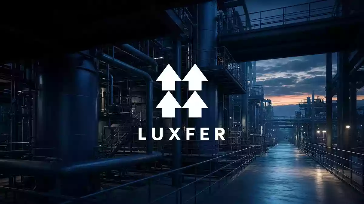 Abstrakte Darstellung einer modernen Industrieanlage bei Dämmerung mit Fokus auf metallische Texturen. Illustration mit AI erstellt.