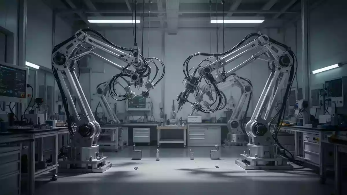 Ein hochmodernes Industrielabor mit mechanischen Armaturen und präzisen technischen Bauteilen in einer Werkstattumgebung. Illustration mit AI erstellt.