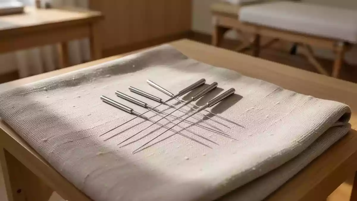 Traditionelle Akupunkturnadeln aus Edelstahl liegen auf einem strukturierten Leinentuch in einem ruhigen Behandlungsraum. Illustration mit AI erstellt.
