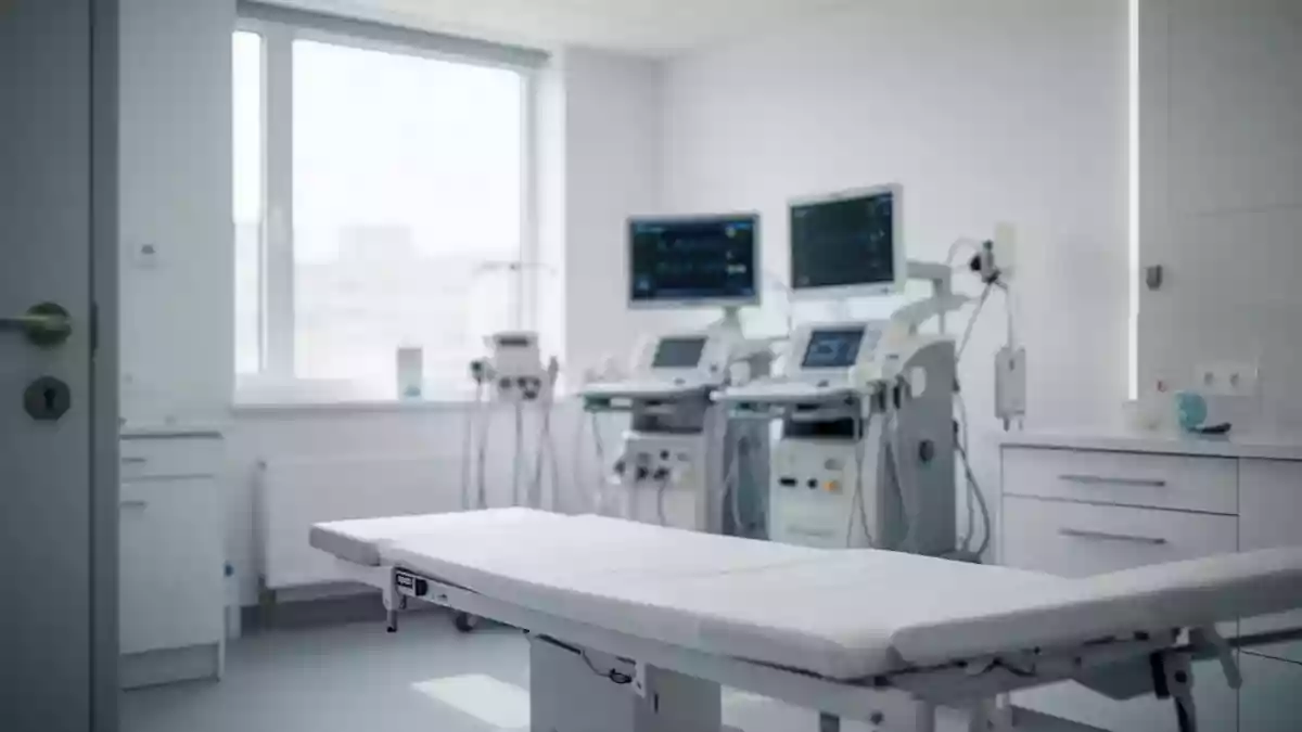 Ein minimalistischer, heller Untersuchungsraum in einer kardiologischen Fachklinik mit moderner medizinischer Architektur. Illustration mit AI erstellt.