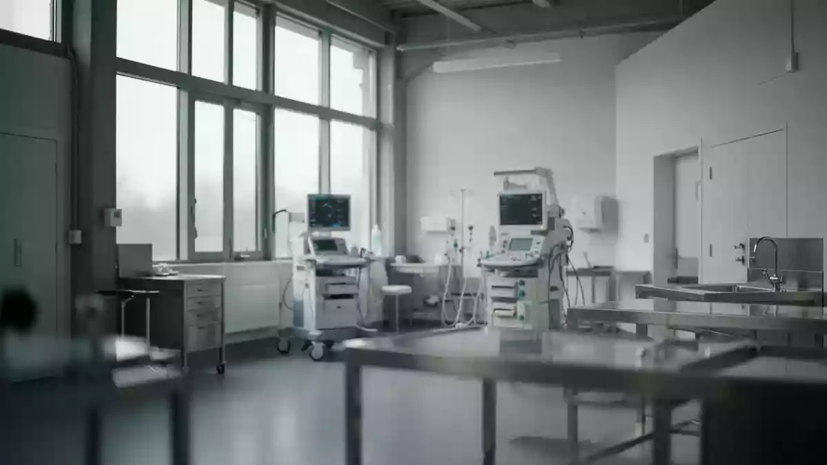Ein heller, moderner medizinischer Untersuchungsraum in einem Industriebetrieb mit professioneller Ausstattung bei Tageslicht. Illustration mit AI erstellt.