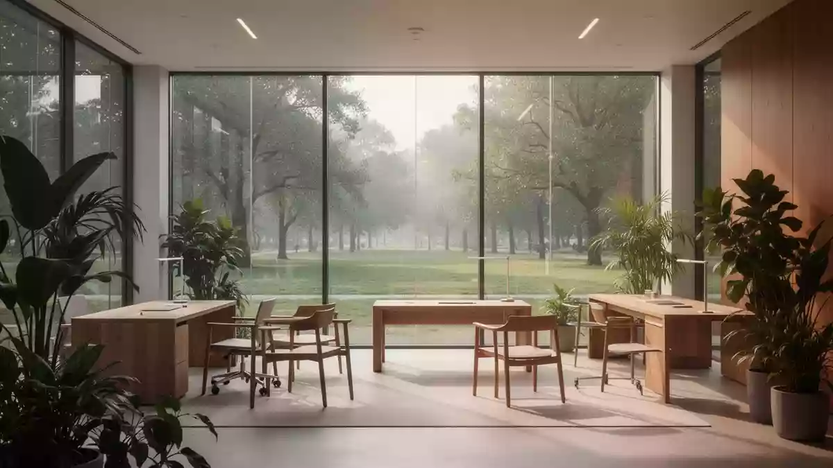 Ein heller, minimalistisch gestalteter Büroraum mit Blick auf einen grünen Park, der Ruhe und Ausgeglichenheit ausstrahlt. Illustration mit AI erstellt.