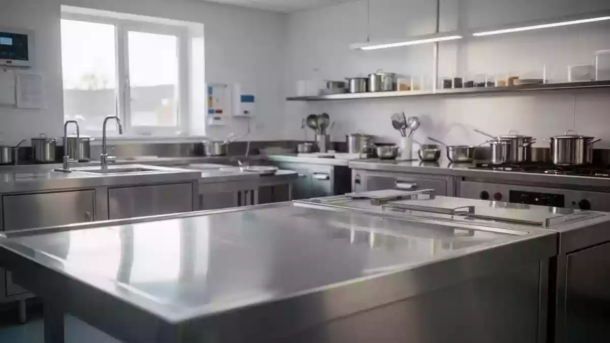 Eine saubere, moderne professionelle Krankenhausküche mit Edelstahlflächen und ordentlich angeordneten Arbeitsbereichen. Illustration mit AI erstellt.