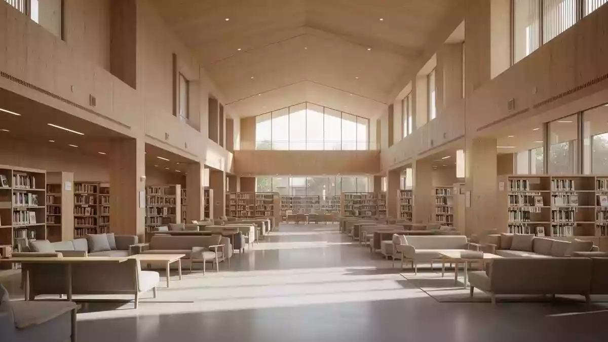 Ein heller, minimalistischer Innenraum einer Bibliothek mit Holzarchitektur und ruhiger Atmosphäre ohne Menschen. Illustration mit AI erstellt.
