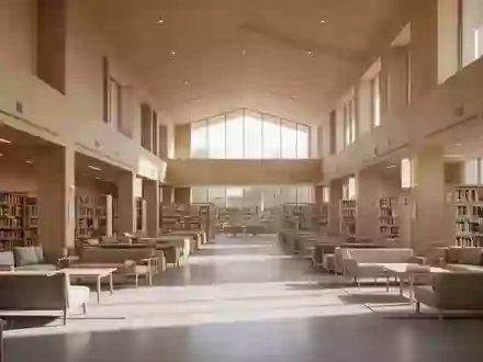 Ein heller, minimalistischer Innenraum einer Bibliothek mit Holzarchitektur und ruhiger Atmosphäre ohne Menschen. - Foto: über boerse-global.de