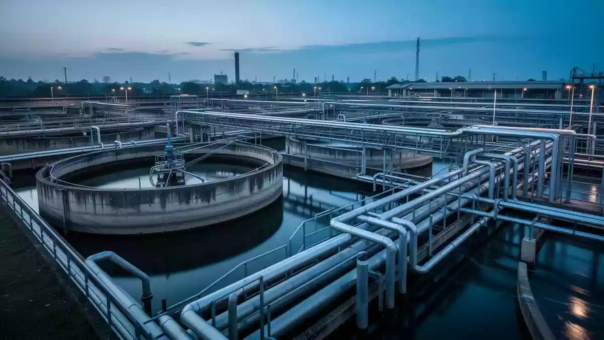 Industrielle Wasseraufbereitungsanlage mit großen Betonbecken und Rohrleitungen bei Dämmerung. Illustration mit AI erstellt.