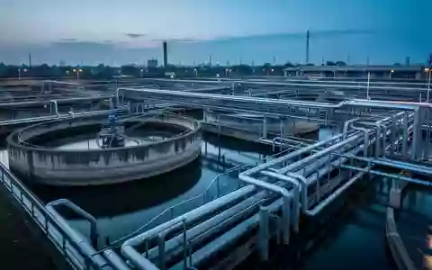 Industrielle Wasseraufbereitungsanlage mit großen Betonbecken und Rohrleitungen bei Dämmerung. - Foto: über boerse-global.de