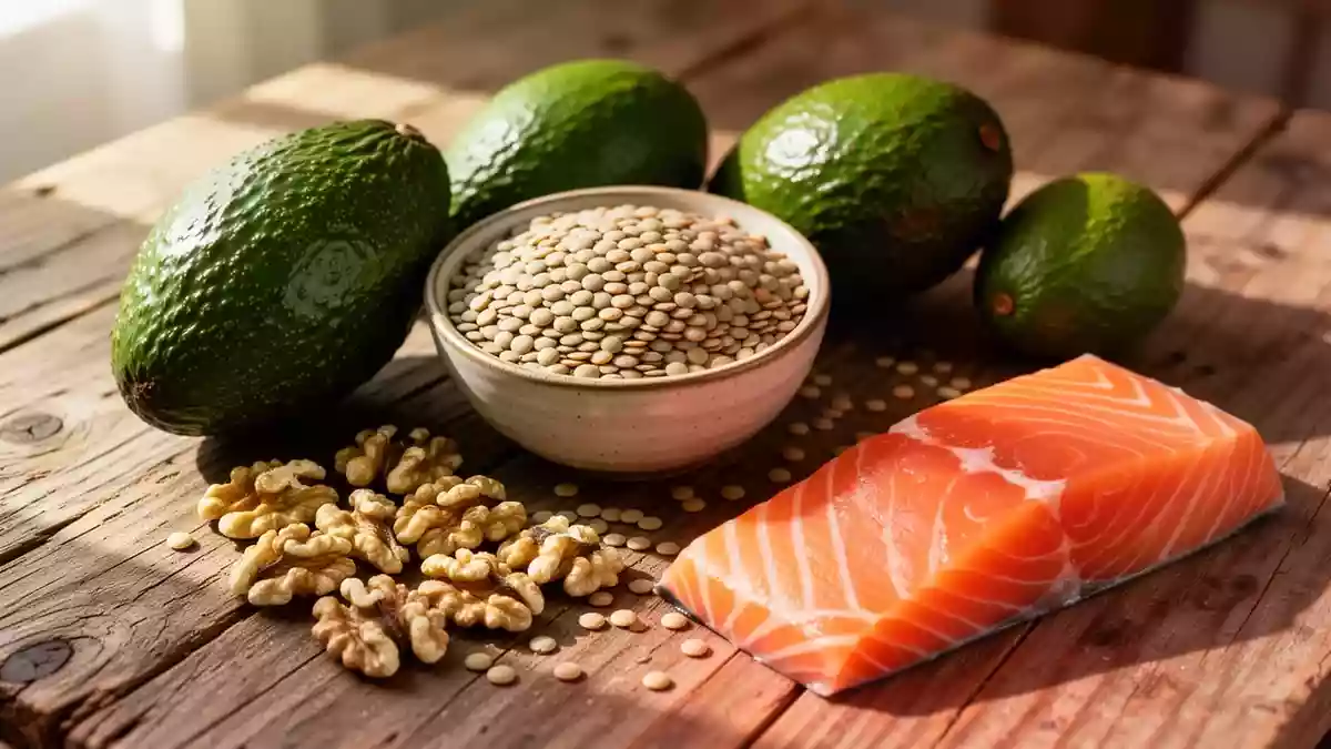 Frische Lebensmittel wie Avocado, Linsen, Walnüsse und Lachs auf einem rustikalen Holztisch bei natürlichem Licht. Illustration mit AI erstellt.