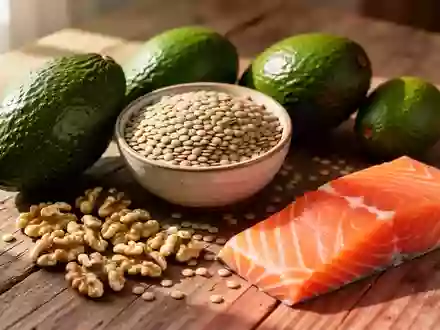 Frische Lebensmittel wie Avocado, Linsen, Walnüsse und Lachs auf einem rustikalen Holztisch bei natürlichem Licht. - Foto: über boerse-global.de
