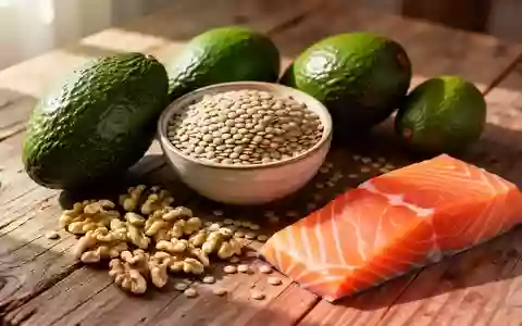 Frische Lebensmittel wie Avocado, Linsen, Walnüsse und Lachs auf einem rustikalen Holztisch bei natürlichem Licht. - Foto: über boerse-global.de